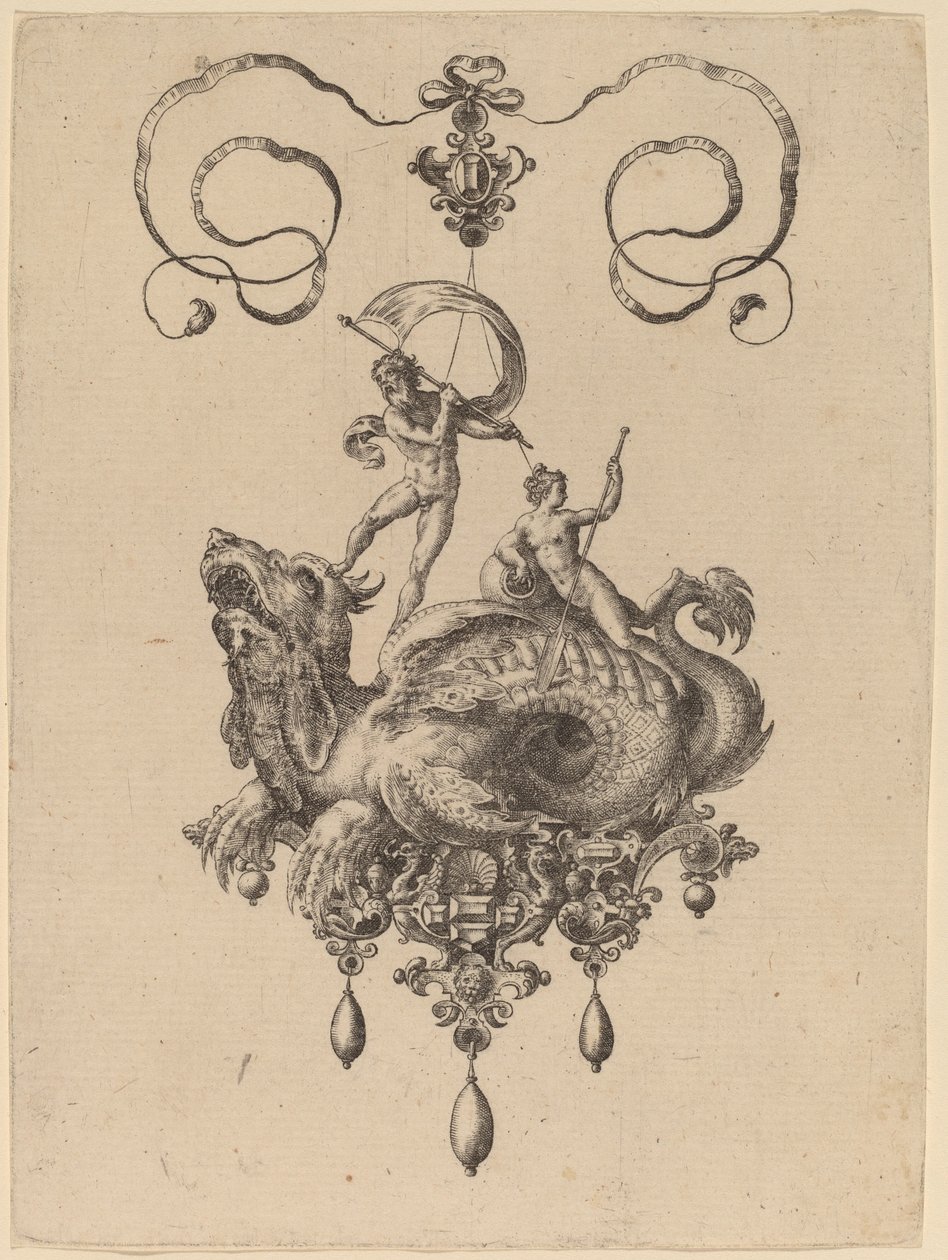 Ontwerp voor een Hanger met een Zeemonster dat Thetis en een Man met een Zeil Draagt door Hans Collaert the Elder