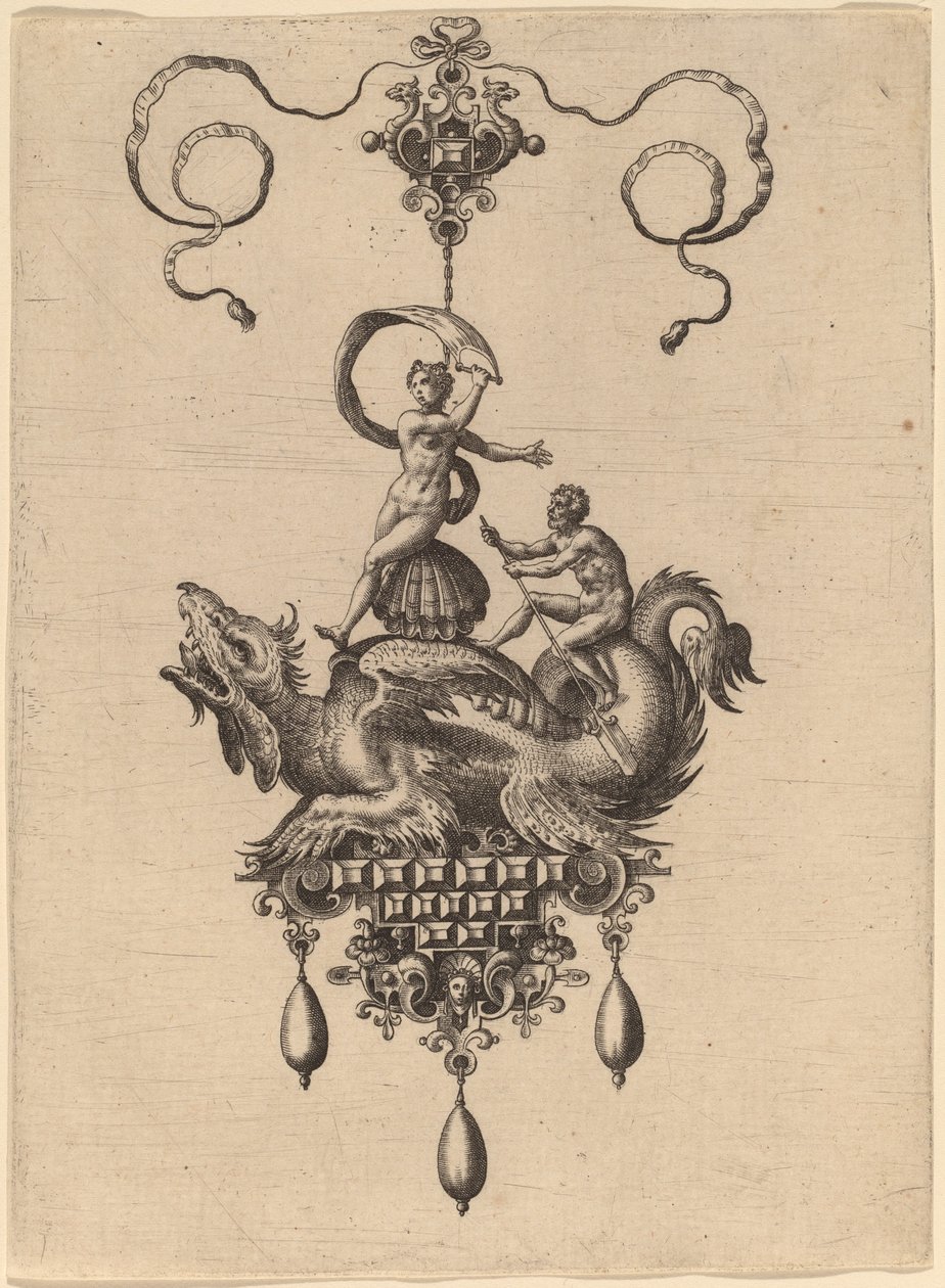 Ontwerp voor een Hanger met een Gevleugeld Zeemonster dat Venus Anadyomene op een Schelp Draagt en een Man met een Roeispaan door Hans Collaert the Elder