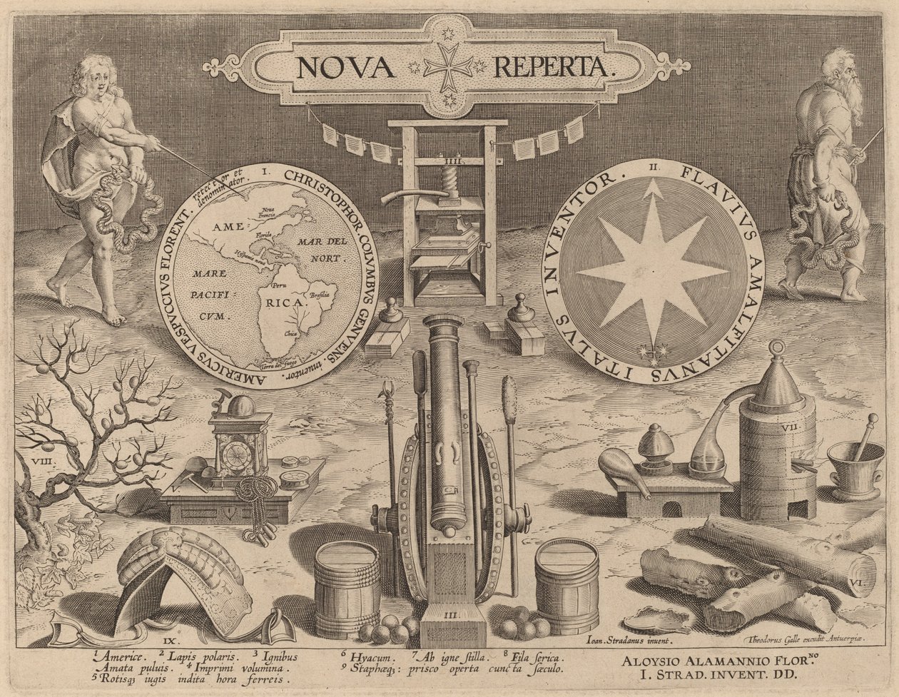 Titelpagina voor Nova Reperta (Nieuwe Ontdekkingen) door Hans Collaert the Younger after Jan van der Straet