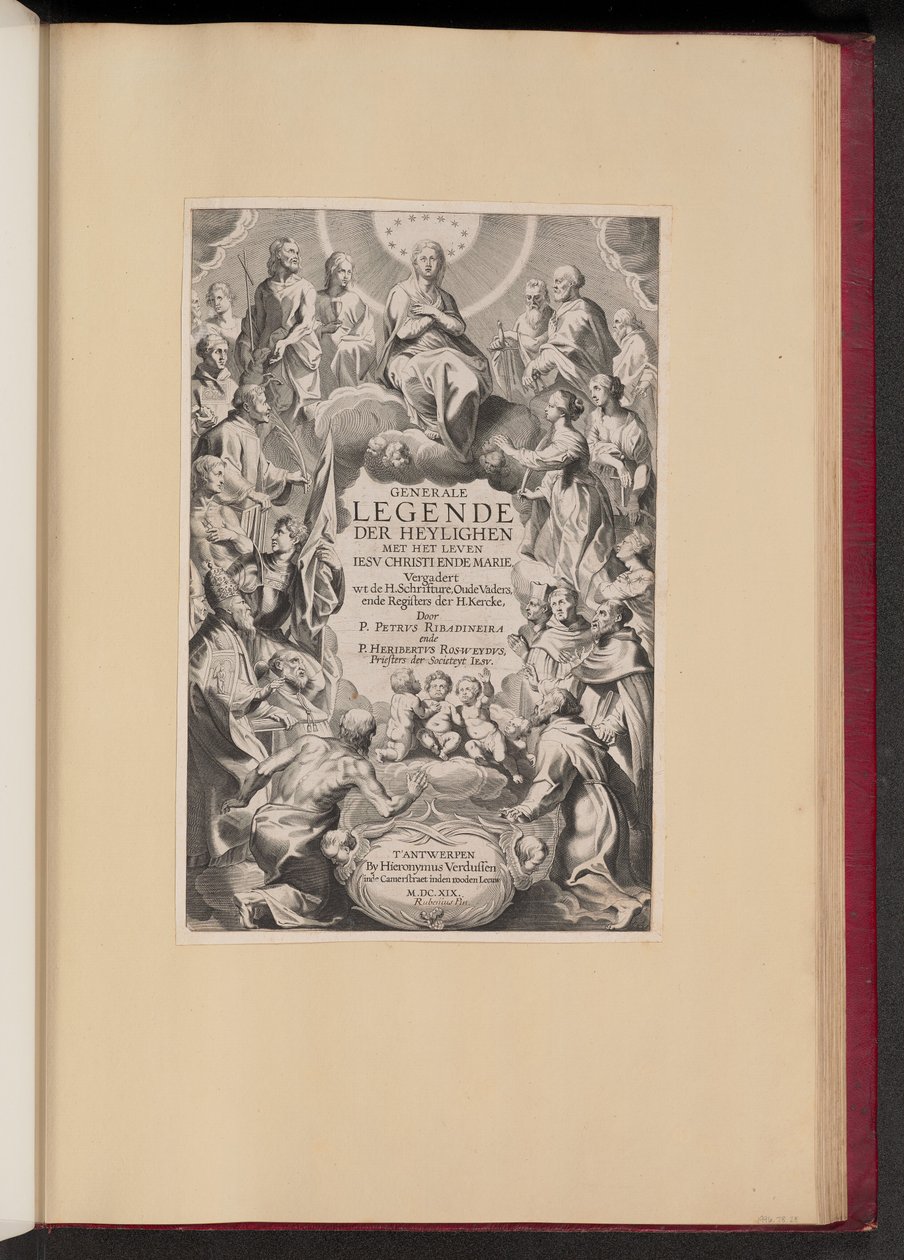 Titelpagina voor Pedro de Ribadineira en Heribert Rosweyde, Generale Legende der Heylighen door Hans Collaert the Younger after Sir Peter Paul Rubens