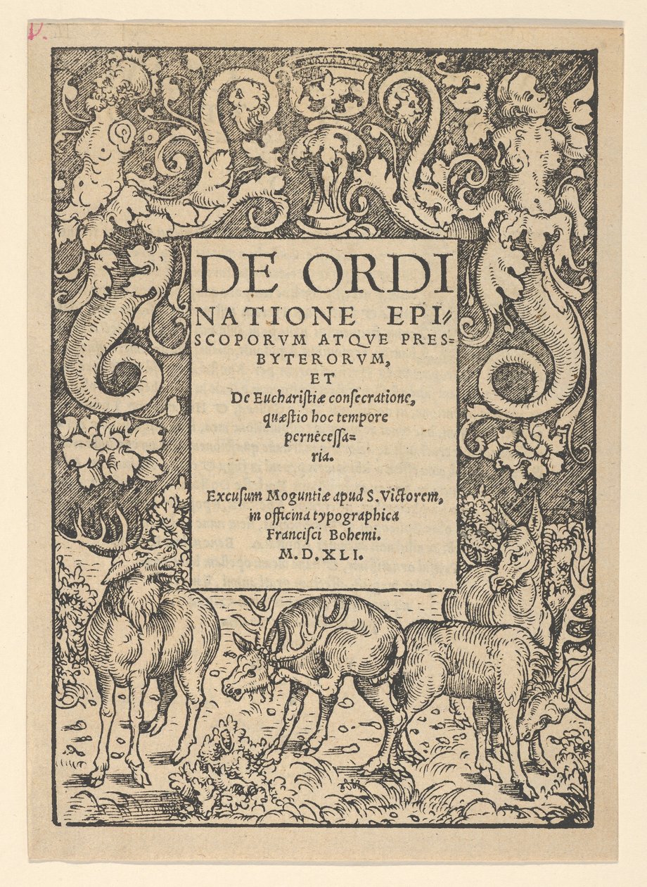 Titelrand met drie herten en een hinde, vroege 16e eeuw door Hans Cranach
