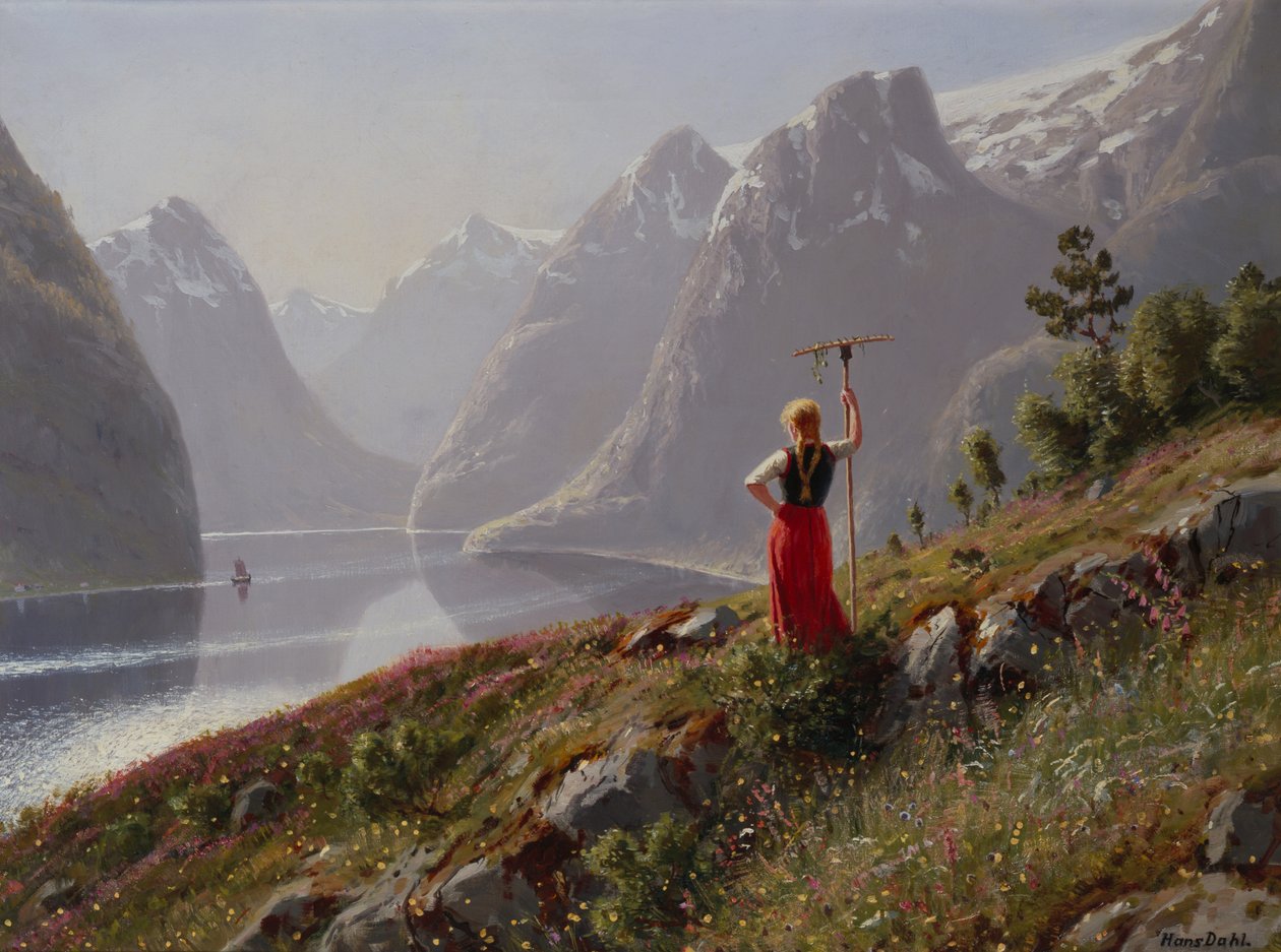 Meisje met een hark in fjordlandschap door Hans Dahl