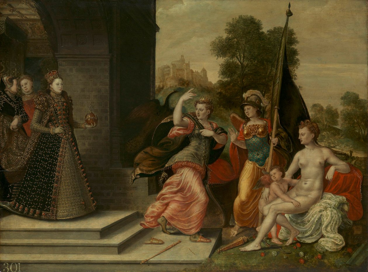 Elizabeth I en de drie godinnen door Hans Eworth