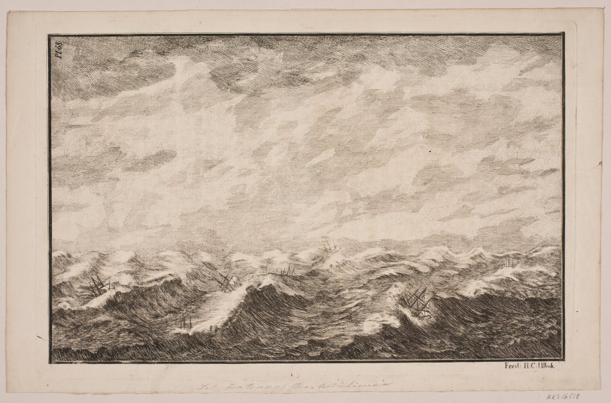 Schepen in woelige zee. Illustratie voor Fontenay, "Söe-Evolution"; Kopenhagen 1743 door Hans Henrich Christian Ulrich