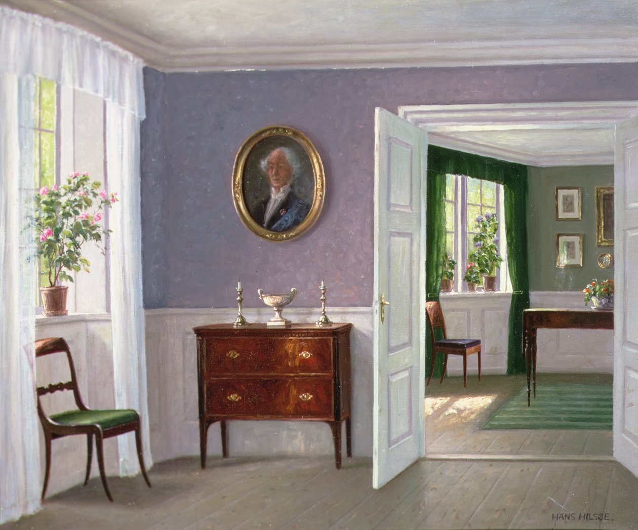 Een zonovergoten interieur (olieverf op doek) door Hans Hilsoe