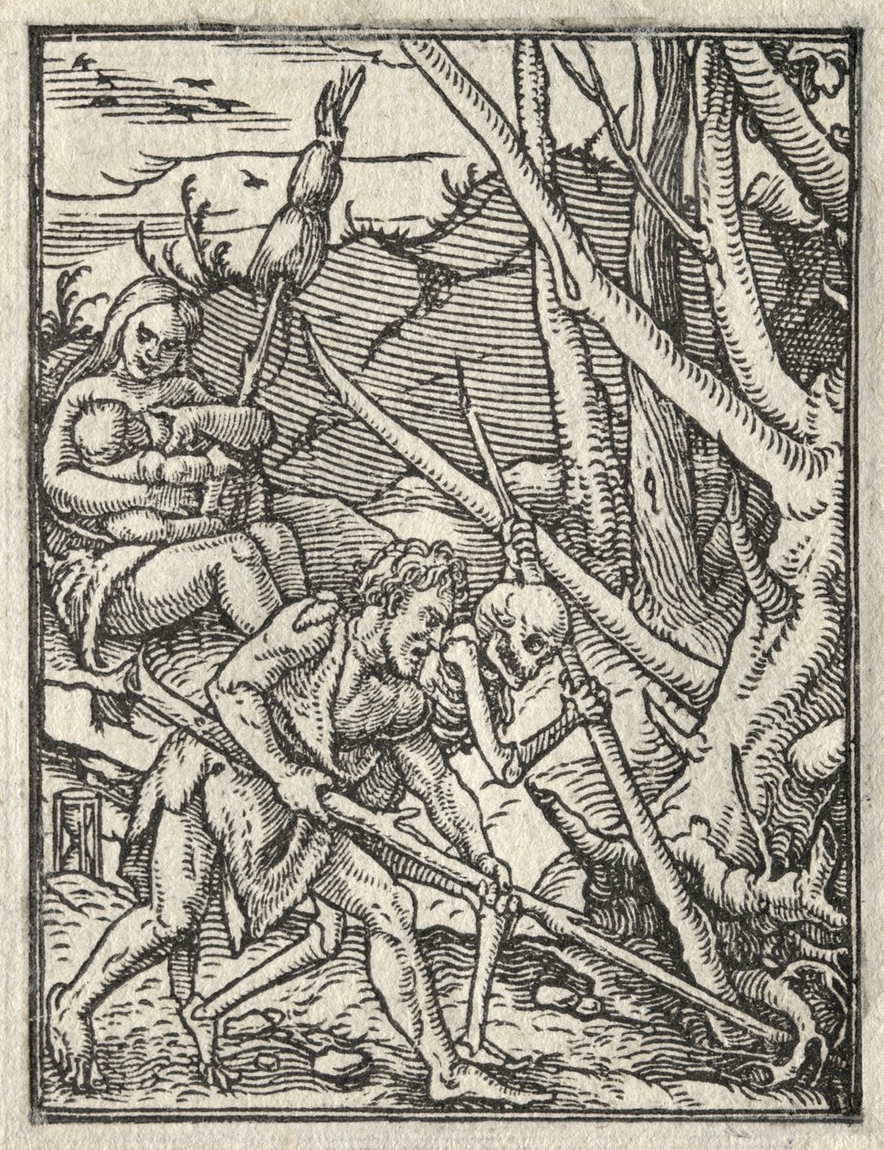 De dans van de dood: Verdrijving uit het paradijs, Adam bewerkt de grond door Hans Holbein