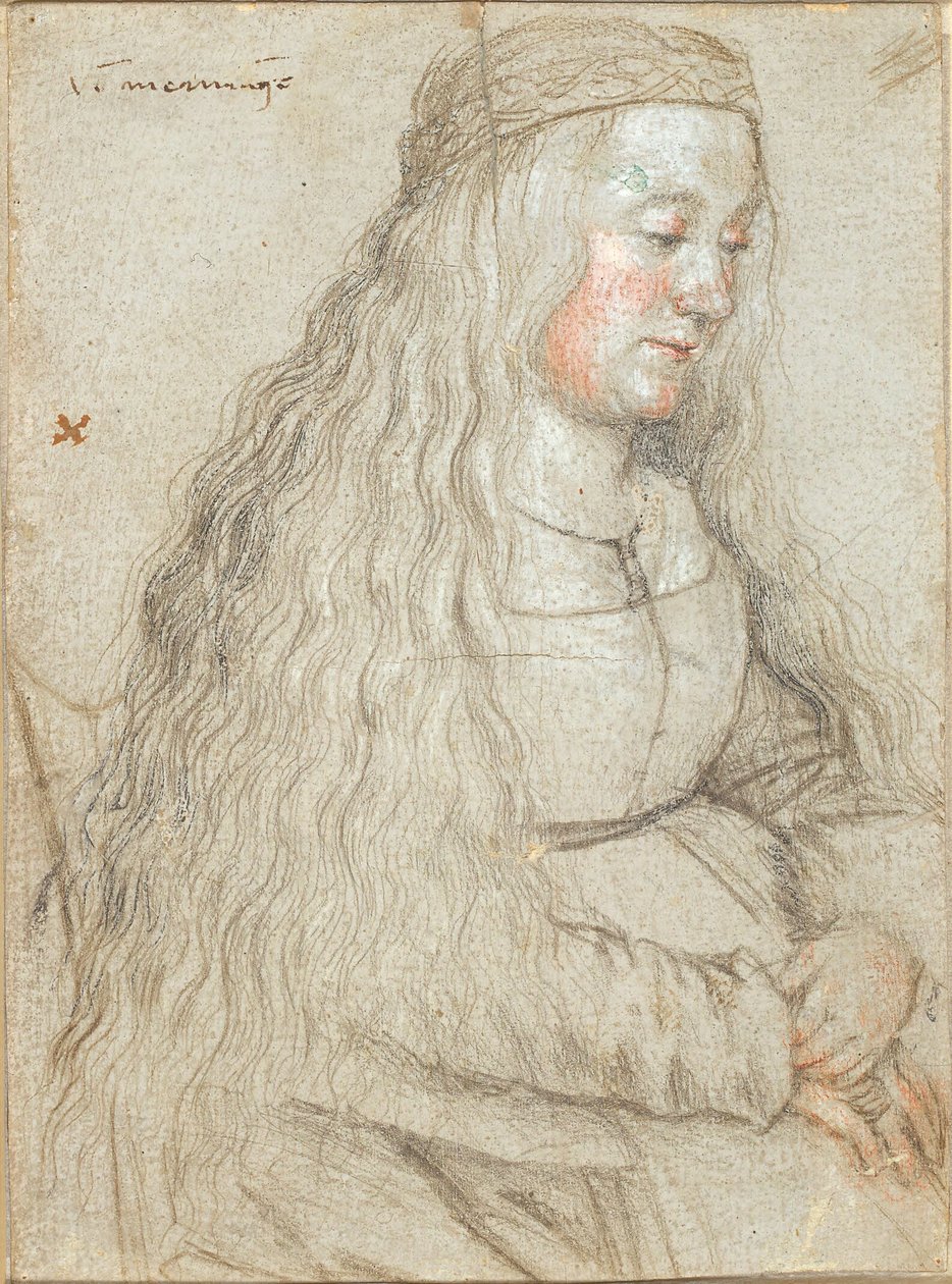 Zittende bruid met vloeiend haar en hoofdband door Hans Holbein d.Æ.