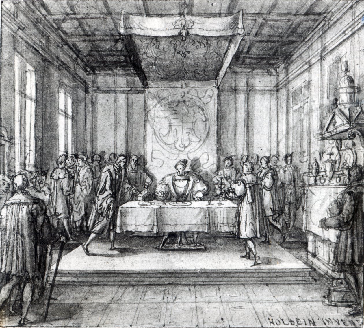Hendrik VIII in zijn privévertrek (pen, inkt en was op papier) door Hans Holbein der Jüngere