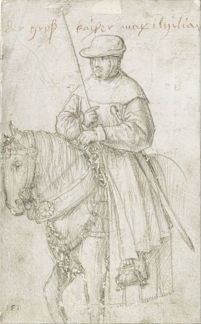 Keizer Maximiliaan I in reiskleding te paard door Hans Holbein the Elder