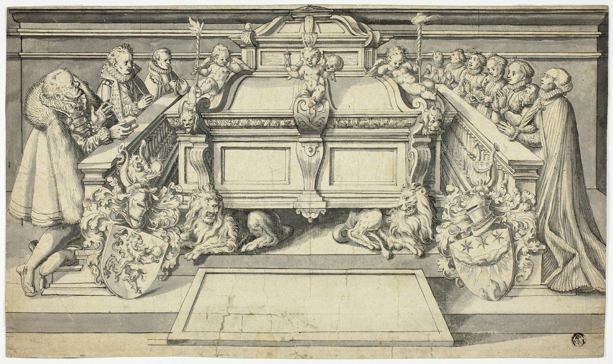 Ontwerp voor grafschrift: Familieleden knielen voor graf door Hans Holbein the Younger