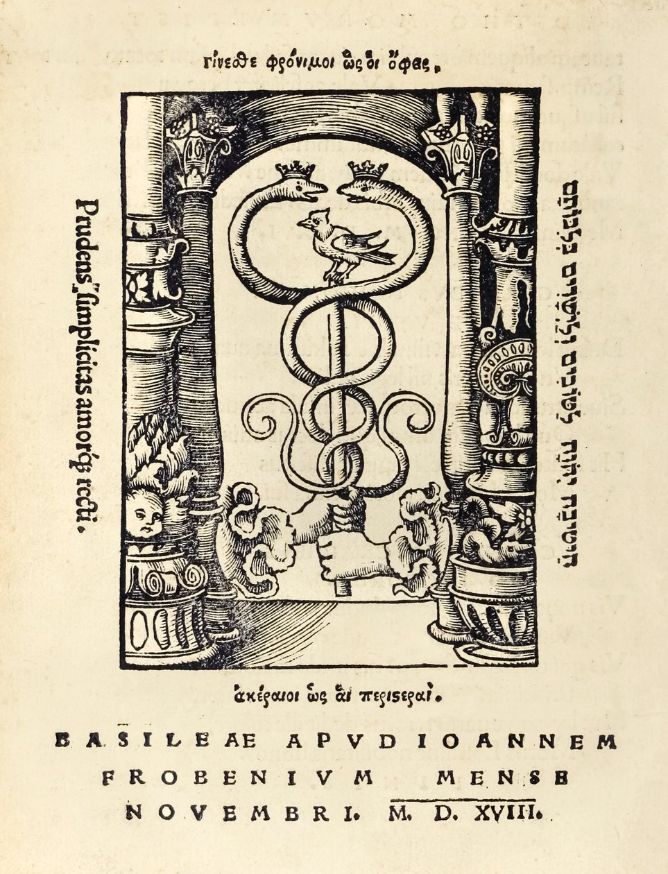 Drukkersmerk van Johann Frobens met de caduceus door Hans Holbein der Jüngere