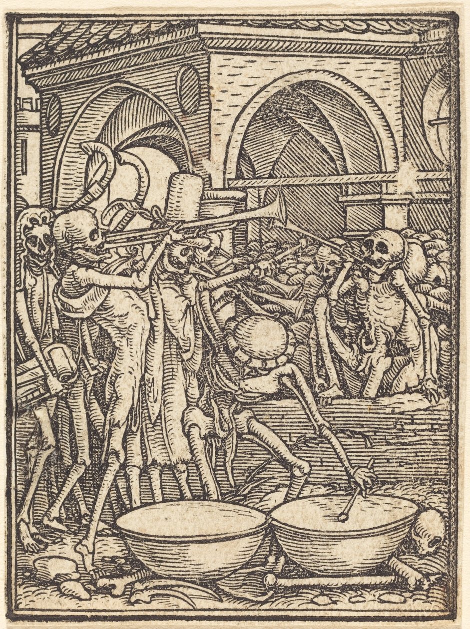 Skeletten die muziek maken door Hans Holbein the Younger