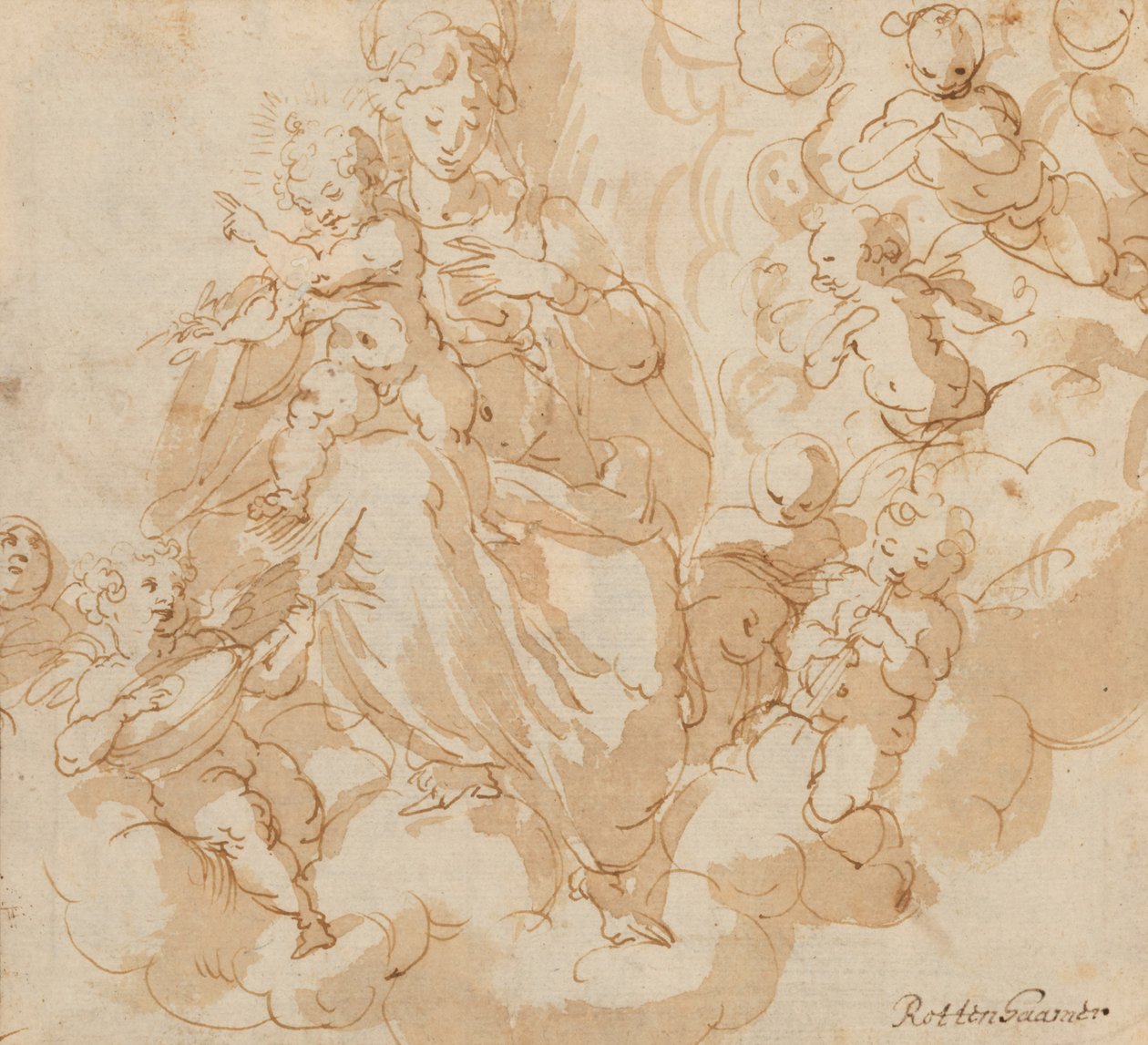 Recto: De Maagd en het Kind zittend op wolken, omringd door putti door Hans I or Johann Rottenhammer
