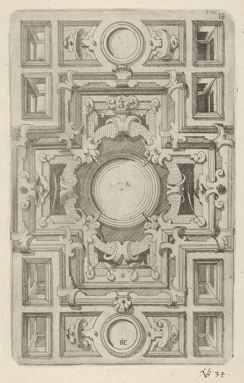Ontwerp voor een plafond met bandwerk en een kruisvormig centrum door Hans Jakbob Ebelmann