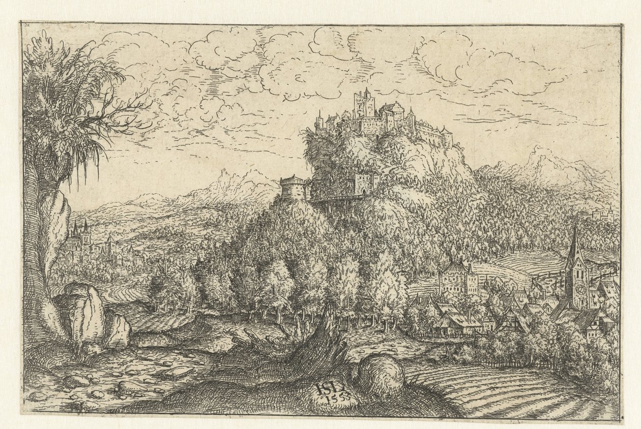 Landschap met slot op een berg door Hans Lautensack