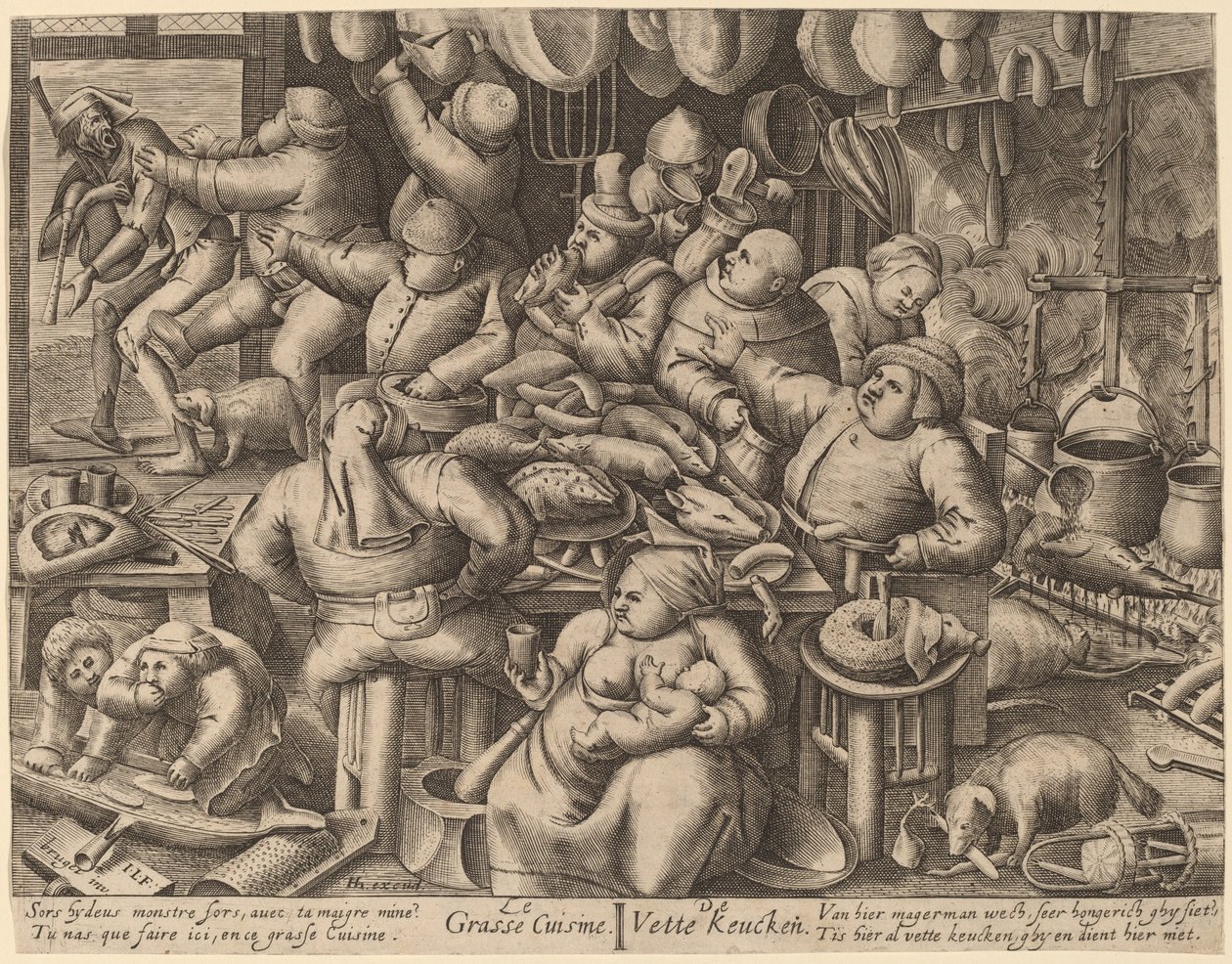 De vette keuken door Hans Liefrinck I, after Pieter van der Heyden, after Pieter Bruegel the Elder