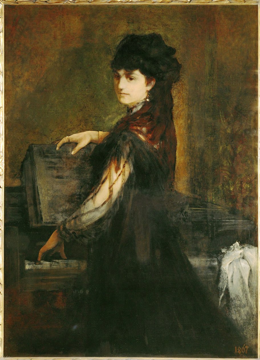 Amalie Makart, geboren Rothmayr, de eerste vrouw van de kunstenaar, aan de piano ... (schilderij op doek) door Hans Makart