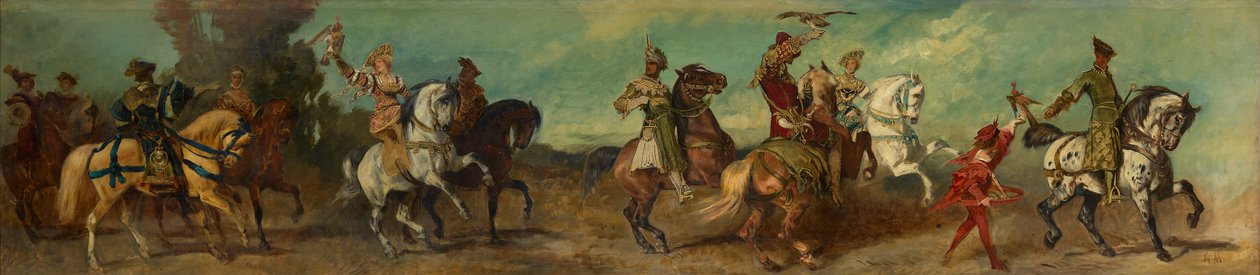 Ontwerp voor de feeststoet van 1879 - De valkenjacht door Hans Makart