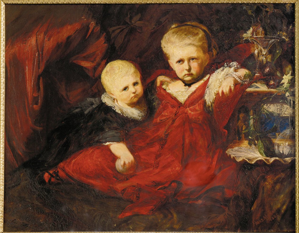 Ida en Risa Ruessemayer, nichtjes van Johann Ruessemayer, een mecenas van Makart ... (schilderij op doek) door Hans Makart