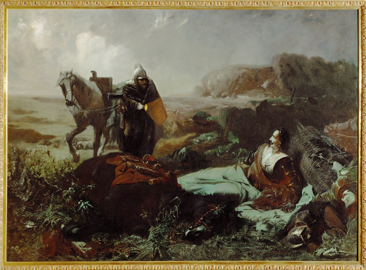 De dood van graaf Pappenheim, generaal tijdens de Dertigjarige Oorlog ... (schilderij op doek) door Hans Makart