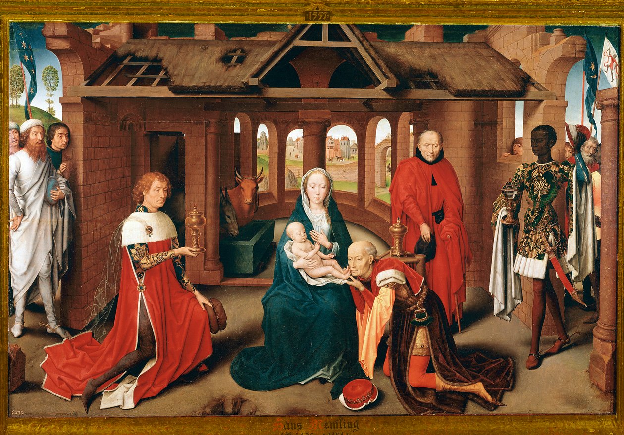 Aanbidding der Wijzen. Centraal paneel van het drieluik van Prado (olieverf op hout, ca.1470) door Hans Memling