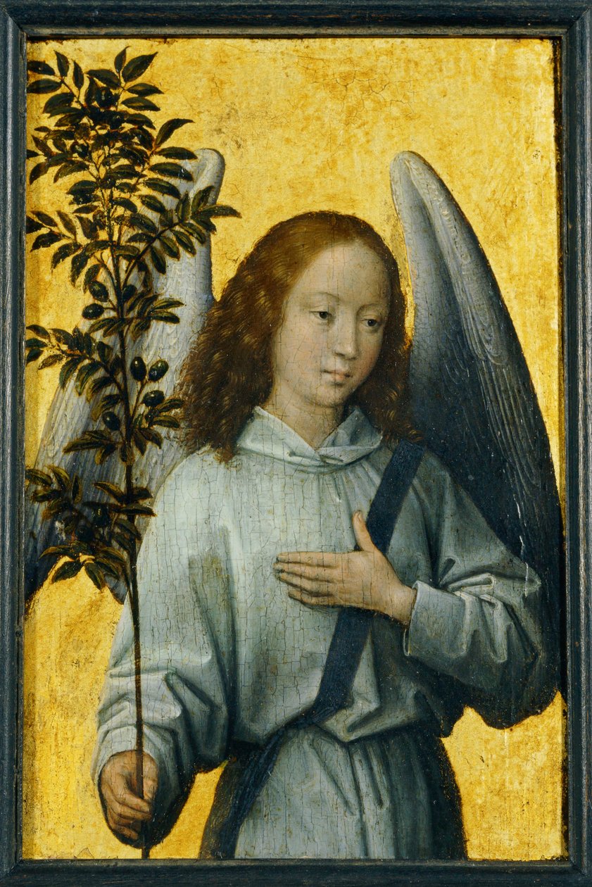 Engel met olijftak, embleem van goddelijke vrede ... door Hans Memling