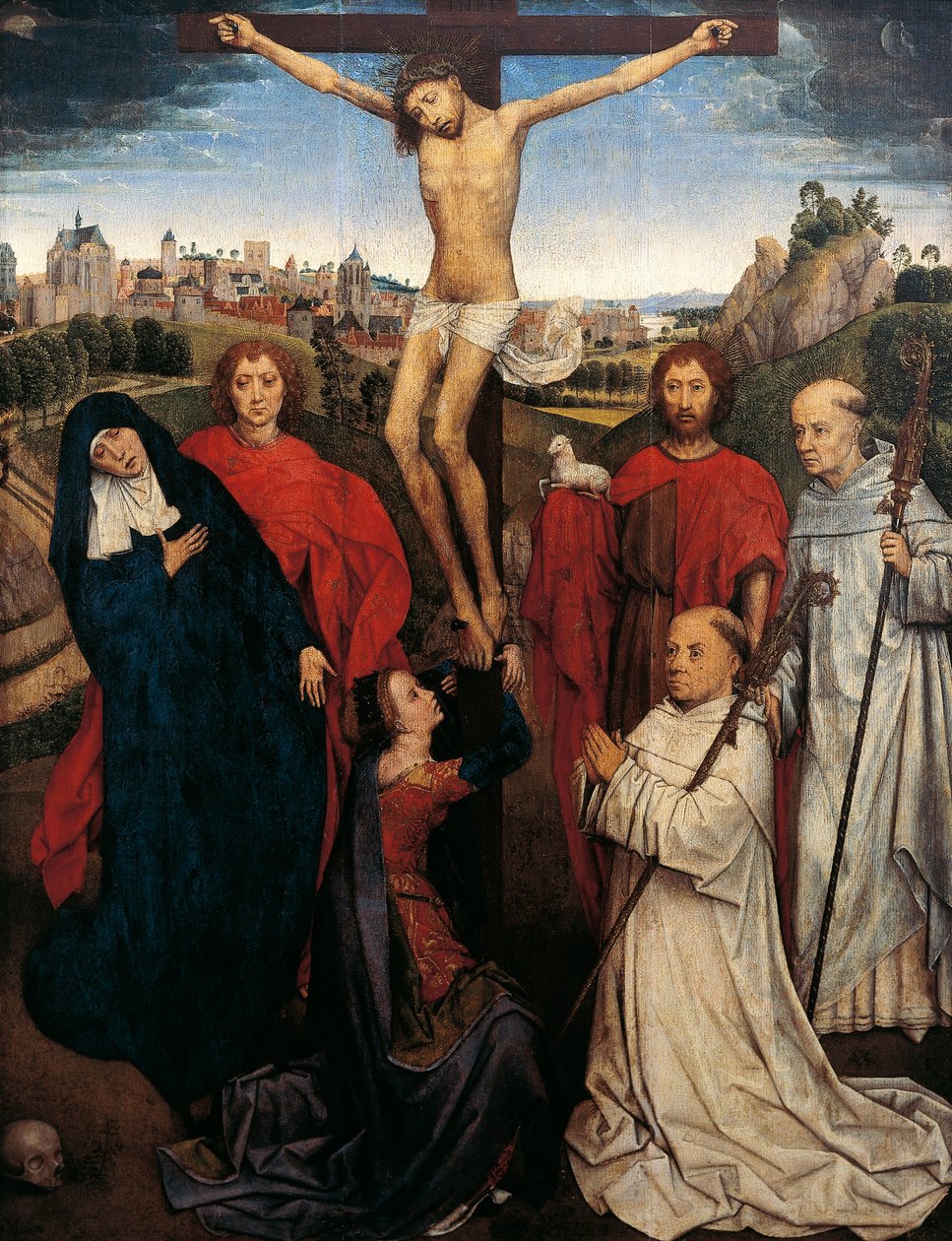 Kruisiging, centraal paneel van het drieluik van Jan Crabbe, ca. 1470 door Hans Memling