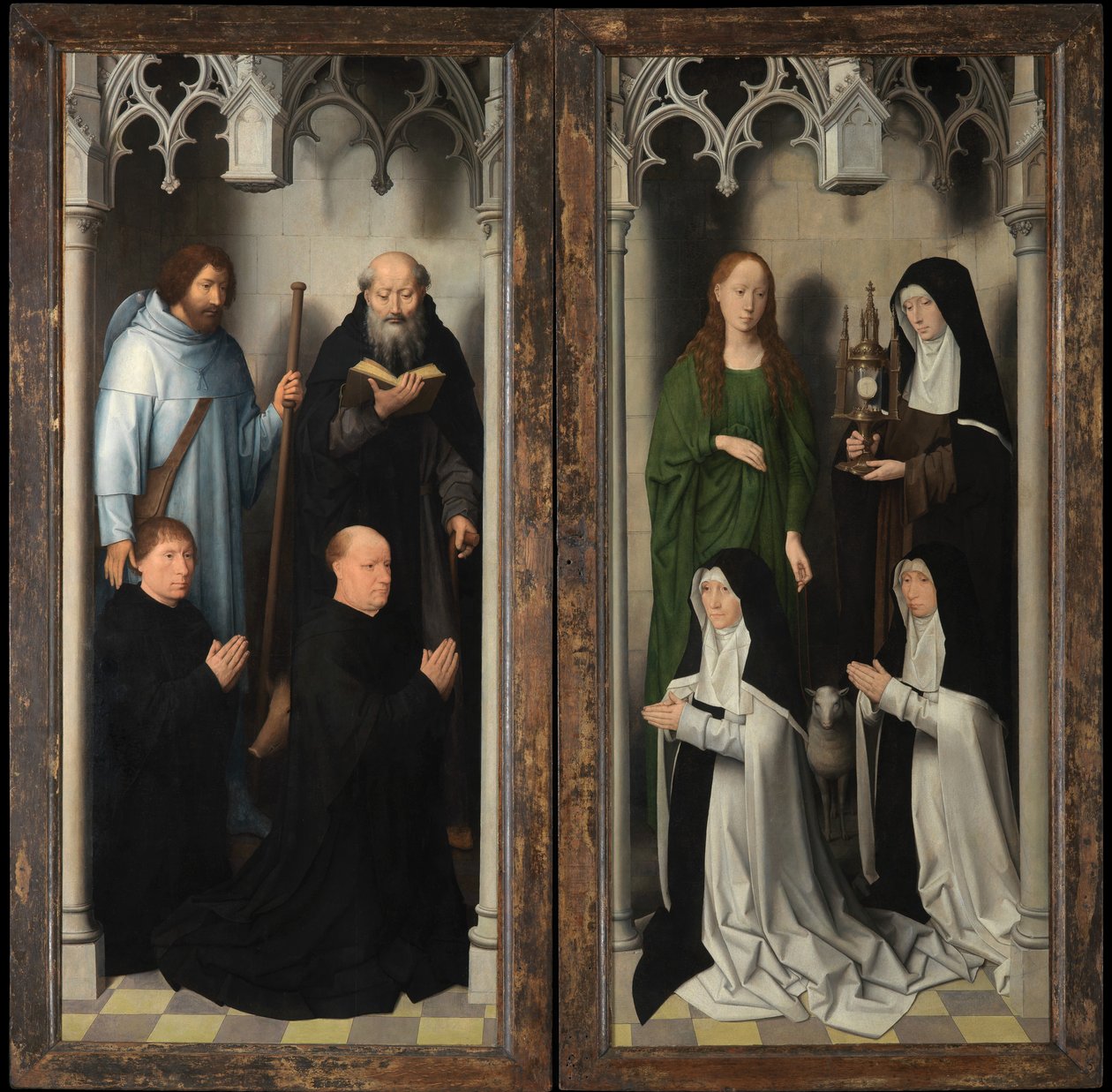 Exterieur van het drieluik van Sint-Jan de Doper en Sint-Jan de Evangelist door Hans Memling