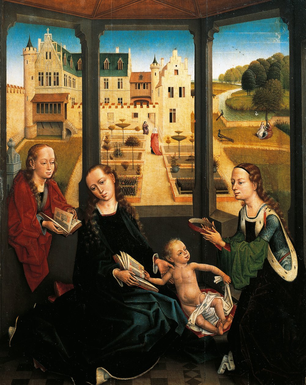 Madonna en Kind in een tuin door Hans Memling