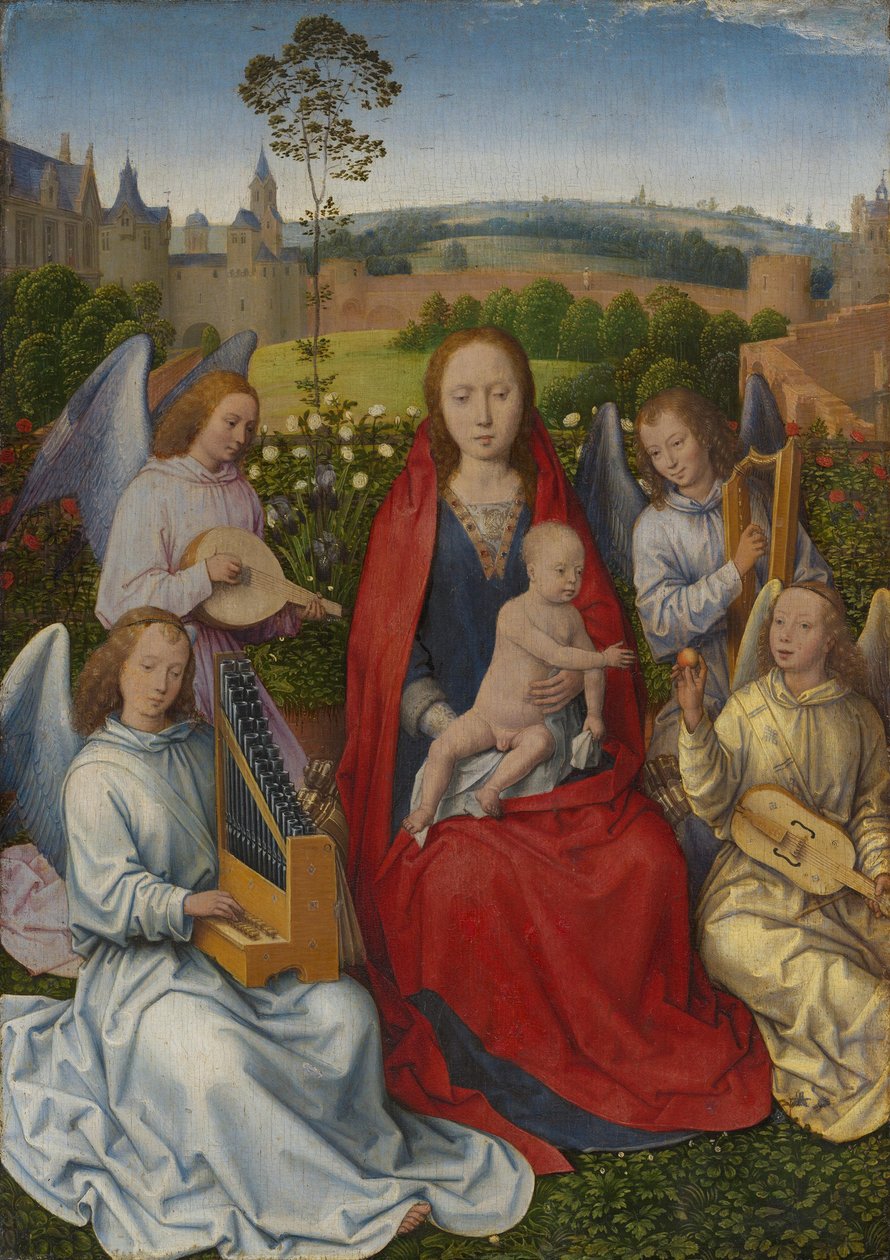 Paneel van een tweeluik: Maria in de rozentuin door Hans Memling