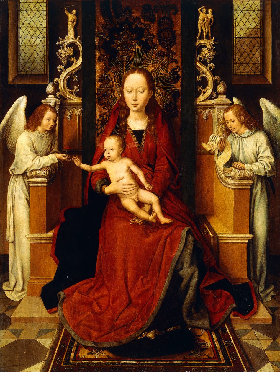 De Maagd en Kind op de troon met twee engelen door Hans Memling