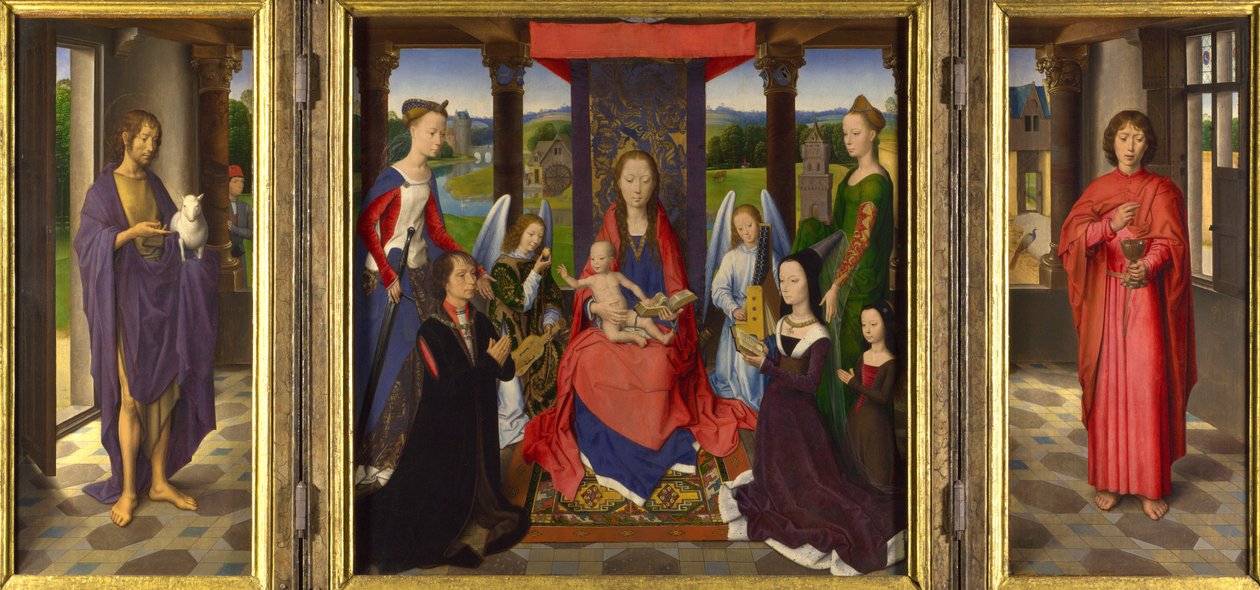 De Maagd en Kind met Heiligen en Schenkers door Hans Memling