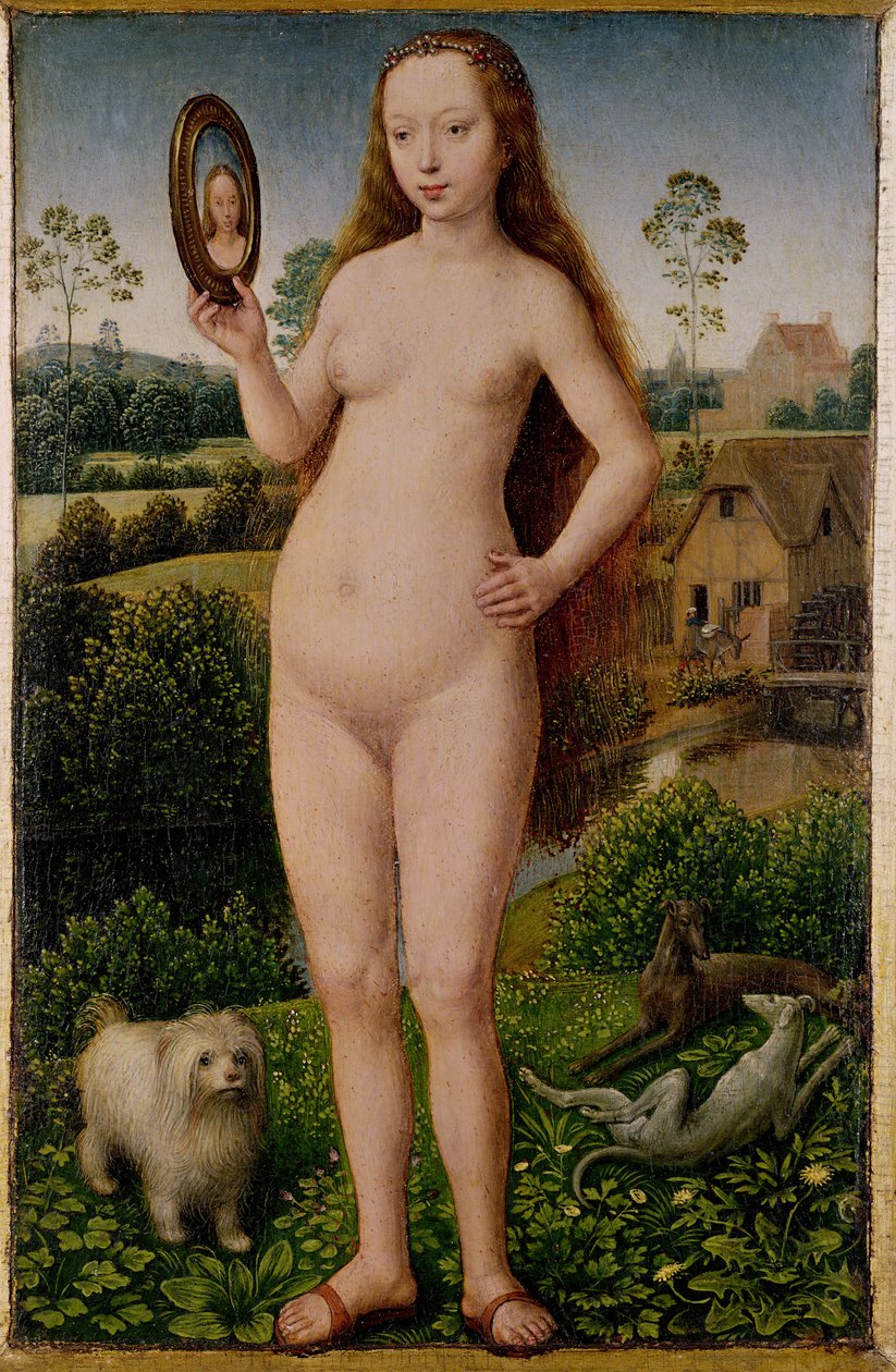 IJdelheid, centraal paneel van het drieluik van aardse ijdelheid en goddelijke redding, ca. 1485 door Hans Memling