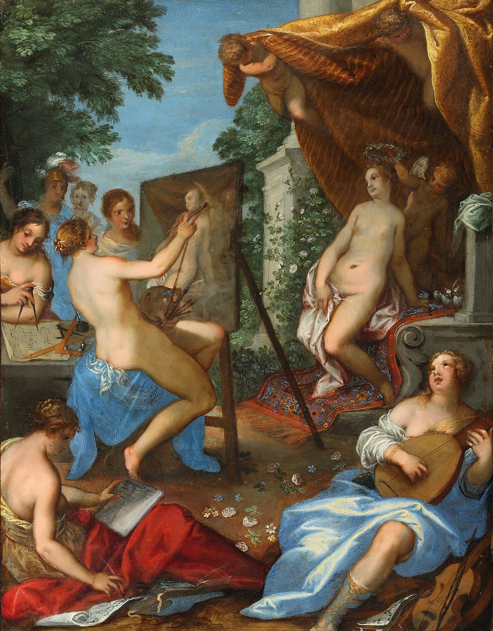 Allegorie van de kunsten met Pictura die Venus schildert door Hans Rottenhammer