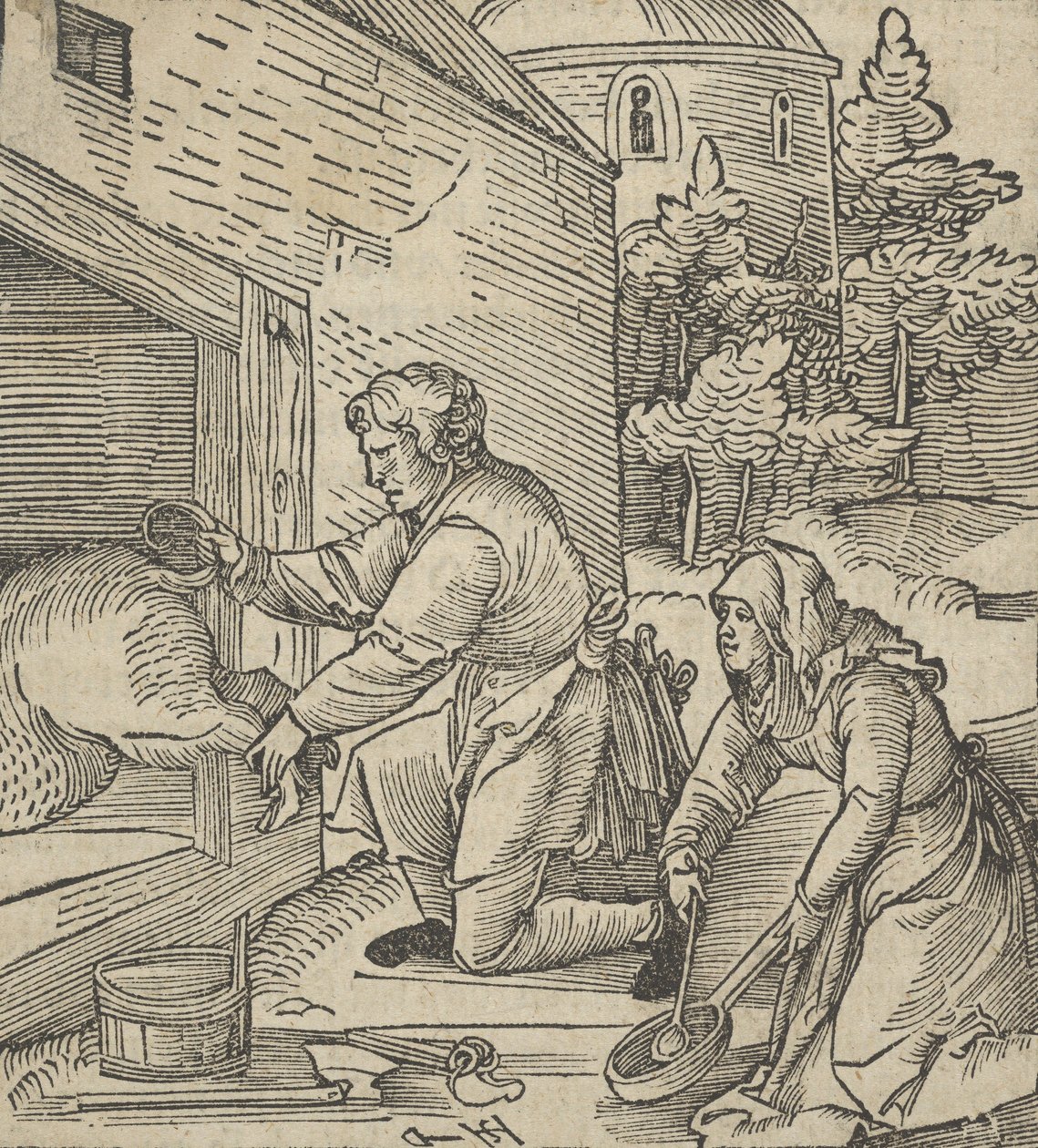 Een boer slacht een varken, uit Hymmelwagen auff dem, wer wol leeft..., 1517 door Hans Schäufelein the Elder