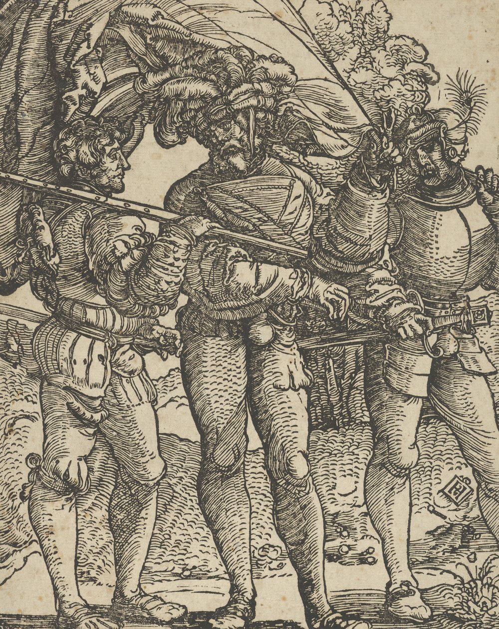 Een vaandeldrager geflankeerd door een lansquenet aan elke kant kopie door Hans Schäufelein the Elder