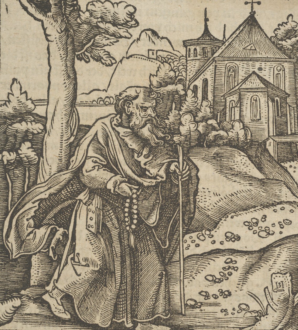 Een oude pelgrim die naar rechts loopt, uit Hymmelwagen auff dem, wer wol leeft... door Hans Schäufelein the Elder