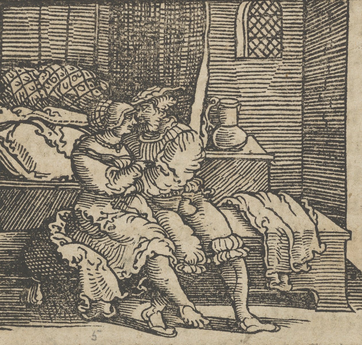 Spinneloccio opgesloten in een kist, waarop zijn vrouw en Zeppa zitten, voor 1534 door Hans Schäufelein the Elder