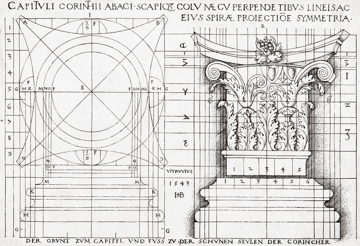 Doorsnede van Korinthisch kapiteel en proportionele tekening door Hans Sebald Beham