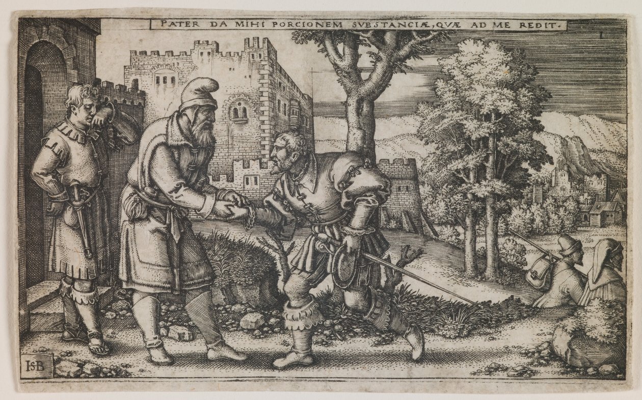 Vertrek van de verloren zoon, uit de serie "De geschiedenis van de verloren zoon". door Hans Sebald Beham