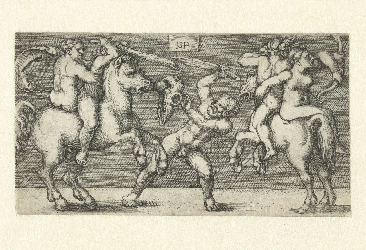 Gevecht tussen twee mannen met vrouwen te paard en een staande man door Hans Sebald Beham