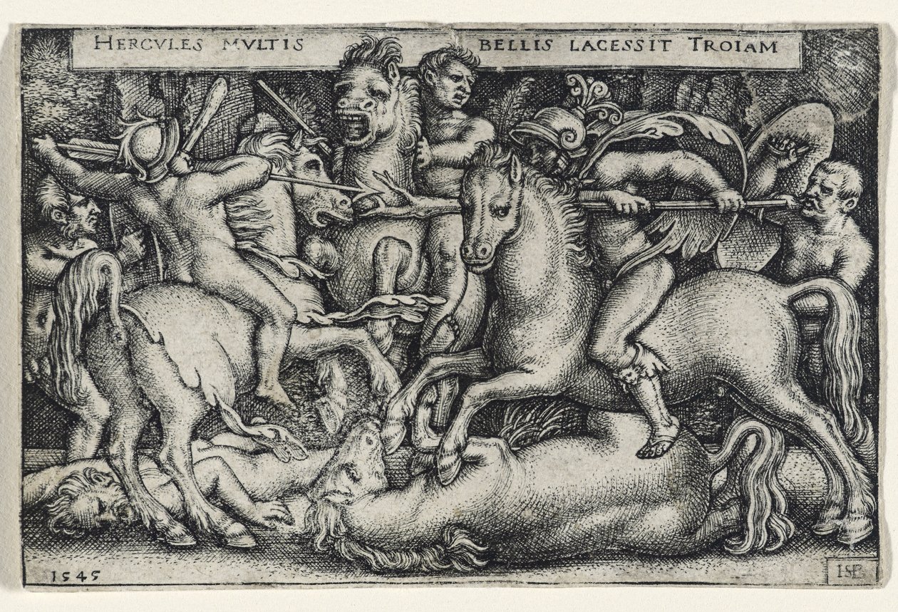 Hercules Vecht tegen de Trojanen, 1545 (gravure op geschept papier) door Hans Sebald Beham