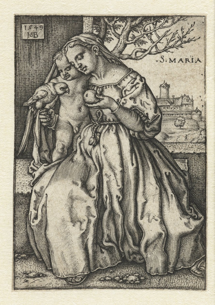Maria met kind en papegaai en peer door Hans Sebald Beham