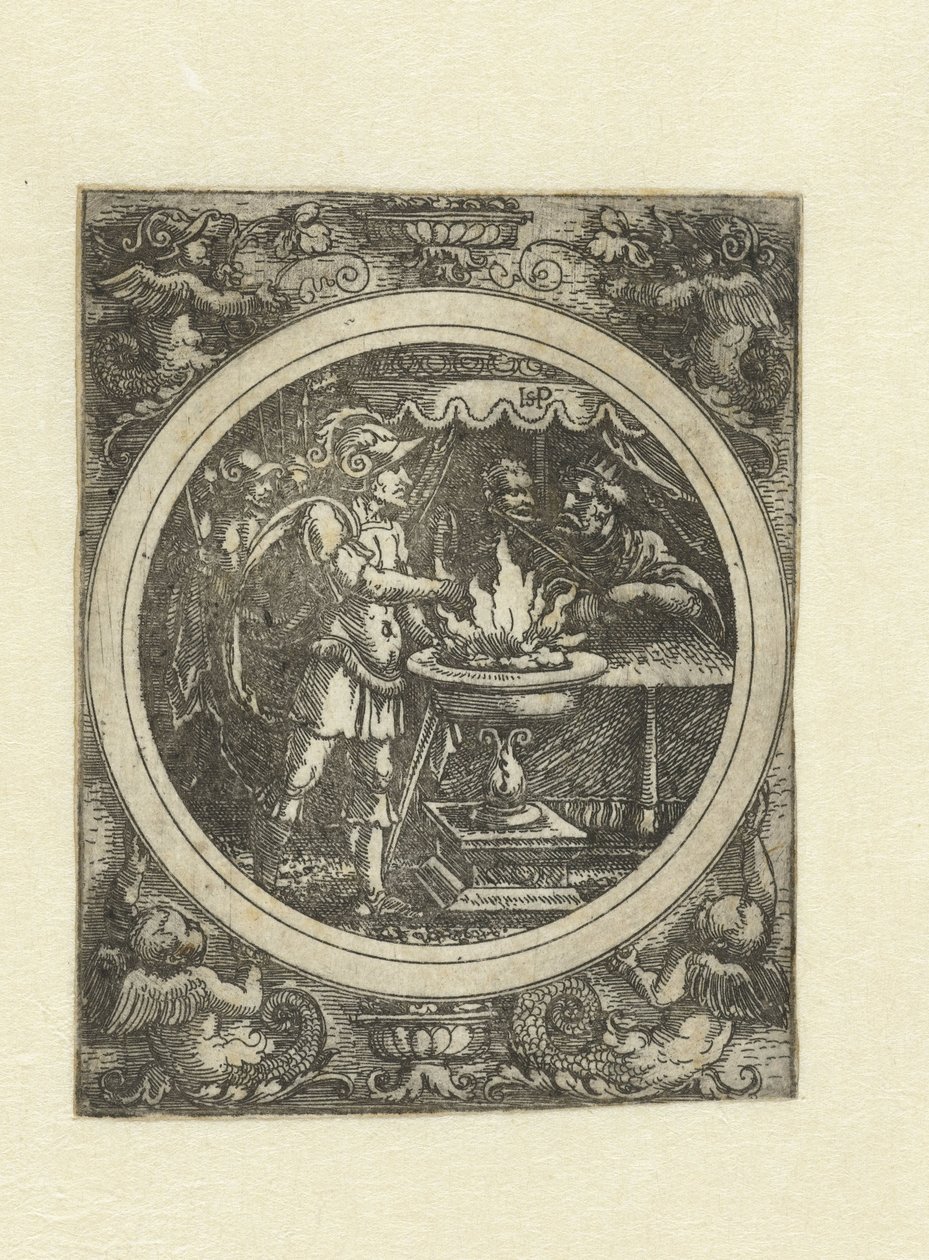 Mucius Scaevola met zijn rechterhand in het vuur door Hans Sebald Beham