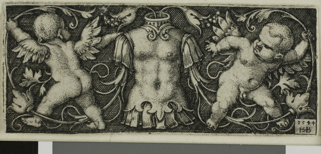 Ornament met wapenrusting en twee genii, uit Vier Vignetten door Hans Sebald Beham
