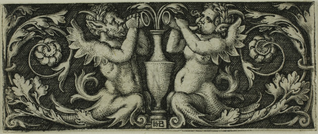 Ornament met twee tritons, uit Vier Vignetten door Hans Sebald Beham