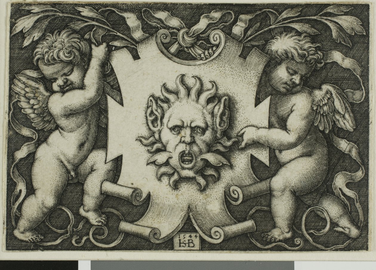 Ornament met een Masker Gehouden door Twee Genii door Hans Sebald Beham