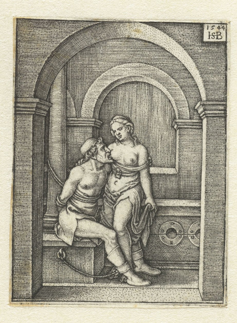 Pero zoogt geketende Cimon in gevangenis door Hans Sebald Beham