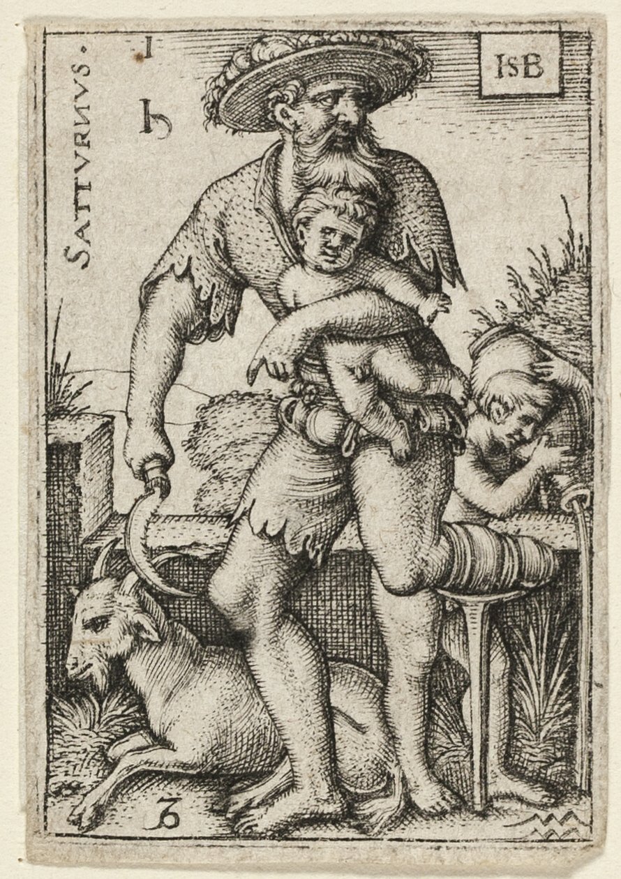 Saturnus, plaat één uit De zeven planeten met de dierenriemen door Hans Sebald Beham