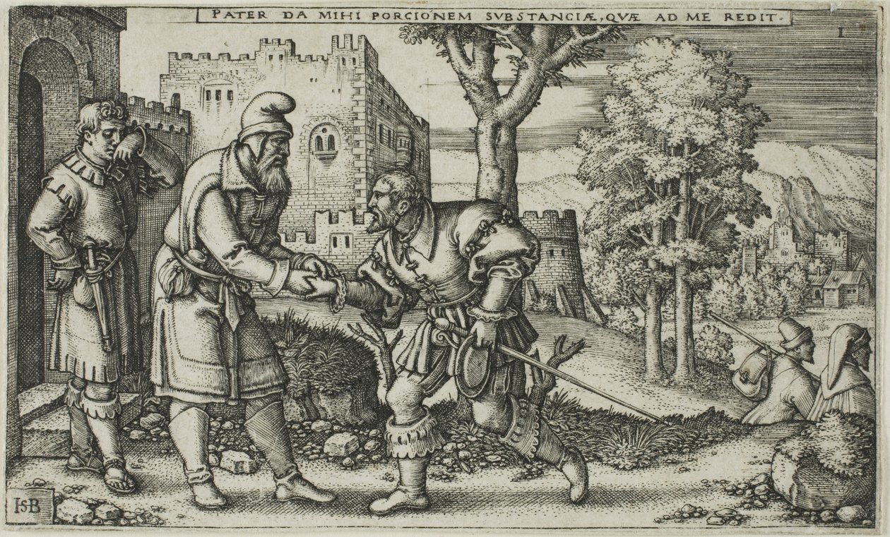 Het vertrek van de verloren zoon, plaat één uit De geschiedenis van de verloren zoon door Hans Sebald Beham